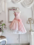 Ndyad Pink Strapless A-Line Lace Satin Short Prom Dresses Homecoming Dress HZ1024