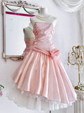 Ndyad Pink Strapless A-Line Lace Satin Short Prom Dresses Homecoming Dress HZ1024