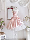 Ndyad Pink Strapless A-Line Lace Satin Short Prom Dresses Homecoming Dress HZ1024