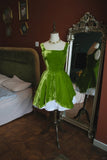 Ndyad Green Square Neck A-Line Velvet Short Prom Dresses Homecoming Dress HZ1024