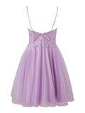 Ndyad Lilac Spaghetti Straps A-Line Tulle Applique Short Prom Dresses HZ1024
