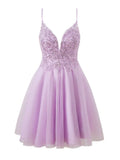 Ndyad Lilac Spaghetti Straps A-Line Tulle Applique Short Prom Dresses HZ1024
