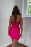 Ndyad Fuchsia Sweetheart Bodycon Applique Satin Short Prom Dresses Homecoming Dress HZ1024