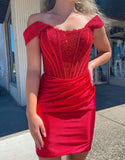 Ndyad Red Off Shoulder Bodycon Applique Satin Short Prom Dresses Homecoming Dress HZ1024
