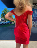 Ndyad Red Off Shoulder Bodycon Applique Satin Short Prom Dresses Homecoming Dress HZ1024