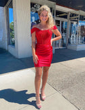 Ndyad Red Off Shoulder Bodycon Applique Satin Short Prom Dresses Homecoming Dress HZ1024