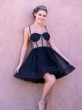 Ndyad Black Polka Dot Spaghetti Straps A-Line Tulle Short Prom Dresses Homecoming Dress HZ1024