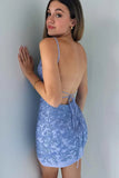 Ndyad Blue Spaghetti Straps Bodycon Lace Applique Short Prom Dresses Homecoming Dress HZ1024