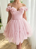 Ndyad Pink Off-the-shoulder A-Line Tulle Short Prom Dresses Homecoming Dress HZ1024