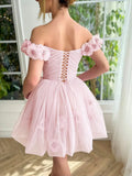 Ndyad Pink Off-the-shoulder A-Line Tulle Short Prom Dresses Homecoming Dress HZ1024