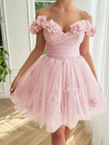 Ndyad Pink Off-the-shoulder A-Line Tulle Short Prom Dresses Homecoming Dress HZ1024