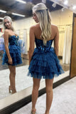 Ndyad Blue A-line Sweetheart Tulle Short Prom Dresses Homecoming Dress With Mirror HZ1024