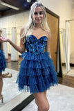 Ndyad Blue A-line Sweetheart Tulle Short Prom Dresses Homecoming Dress With Mirror HZ1024