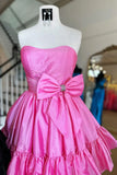 Ndyad Pink Strapless A-line Satin Short Prom Dresses Homecoming Dress With Bow HZ1024