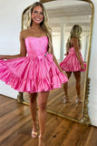 Ndyad Pink Strapless A-line Satin Short Prom Dresses Homecoming Dress With Bow HZ1024