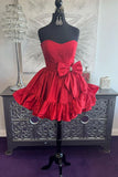 Ndyad Pink Strapless A-line Satin Short Prom Dresses Homecoming Dress With Bow HZ1024