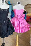Ndyad Pink Strapless A-line Satin Short Prom Dresses Homecoming Dress With Bow HZ1024
