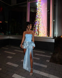 Ndyad Blue Strapless Bodycon Satin Short Party Dresses Homecoming Dress with Bow HZ1024