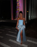 Ndyad Blue Strapless Bodycon Satin Short Party Dresses Homecoming Dress with Bow HZ1024