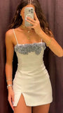 Ndyad Off-White Spaghetti Straps Bodycon Satin Short Party Dresses Homecoming Dress HZ1024