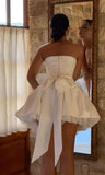 Ndyad White Strapless Bodycon Satin Short Prom Dresses Homecoming Dress with Bow HZ1024