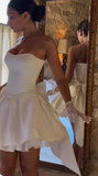 Ndyad White Strapless Bodycon Satin Short Prom Dresses Homecoming Dress with Bow HZ1024