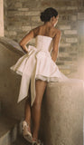 Ndyad White Strapless Bodycon Satin Short Prom Dresses Homecoming Dress with Bow HZ1024