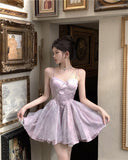 Ndyad Purple Spaghetti Straps A-Line Short Party Dresses Homecoming Dress HZ1024