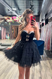 Ndyad Black Sweetheart Neck A-Line Tulle Short Prom Dresses Homecoming Dress with Diamonds HZ1024