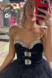 Ndyad Black Sweetheart Neck A-Line Tulle Short Prom Dresses Homecoming Dress with Diamonds HZ1024