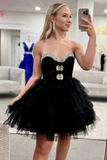 Ndyad Black Sweetheart Neck A-Line Tulle Short Prom Dresses Homecoming Dress with Diamonds HZ1024