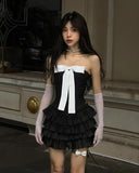 Ndyad Black Strapless A-Line Satin Short Prom Dresses Homecoming Dress with Bow HZ1024