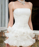 Ndyad White Spaghetti Straps A-Line Lace Tulle Short Prom Dresses Homecoming Dress HZ1024