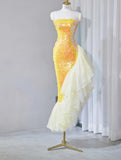 Ndyad Bright Yellow Strapless Mermaid Sequined Tulle Long Prom Dresses Formal Evening Gowns HZ1024