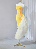 Ndyad Bright Yellow Strapless Mermaid Sequined Tulle Long Prom Dresses Formal Evening Gowns HZ1024
