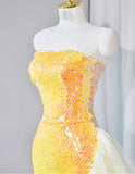 Ndyad Bright Yellow Strapless Mermaid Sequined Tulle Long Prom Dresses Formal Evening Gowns HZ1024