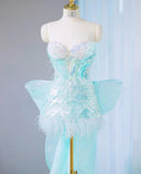 Ndyad Ice Blue Strapless Bodycon Sequin Short Prom Dresses Homecoming Dress with Bow HZ1024