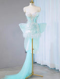 Ndyad Ice Blue Strapless Bodycon Sequin Short Prom Dresses Homecoming Dress with Bow HZ1024