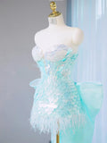 Ndyad Ice Blue Strapless Bodycon Sequin Short Prom Dresses Homecoming Dress with Bow HZ1024