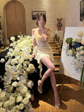 Ndyad White Off-the-shoulder Bodycon Satin Short Prom Dresses Homecoming Dress HZ1024