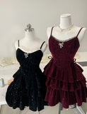 Ndyad Burgundy/Black Spaghetti Straps Glitter Velvet A-Line Short Evening Gowns Sweet Homecoming Dress HZ1024