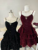Ndyad Burgundy/Black Spaghetti Straps Glitter Velvet A-Line Short Evening Gowns Sweet Homecoming Dress HZ1024