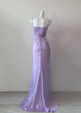 Ndyad Purple Spaghetti Straps Sheath Satin Long Prom Dresses Formal Evening Gowns Short Ball Gowns HZ1024