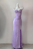 Ndyad Purple Spaghetti Straps Sheath Satin Long Prom Dresses Formal Evening Gowns Short Ball Gowns HZ1024