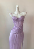 Ndyad Purple Spaghetti Straps Sheath Satin Long Prom Dresses Formal Evening Gowns Short Ball Gowns HZ1024