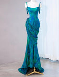 Ndyad Turquoise Scoop Mermaid Jacquard Satin Long Prom Dresses Elegant Formal Evening Gowns HZ1024