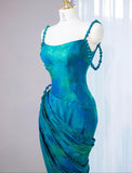 Ndyad Turquoise Scoop Mermaid Jacquard Satin Long Prom Dresses Elegant Formal Evening Gowns HZ1024
