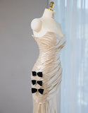Ndyad Champagne V-neck Mermaid Glitter Satin Long Prom Dresses Fashion Formal Evening Gowns HZ1024