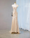 Ndyad Champagne V-neck Mermaid Glitter Satin Long Prom Dresses Fashion Formal Evening Gowns HZ1024