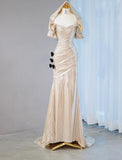 Ndyad Champagne V-neck Mermaid Glitter Satin Long Prom Dresses Fashion Formal Evening Gowns HZ1024